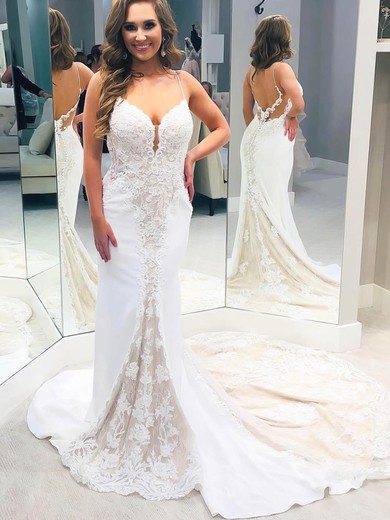 Trumpet/Mermaid V-neck Lace Stretch Crepe Court Train Appliques Lace Wedding Dresses #Milly00023553