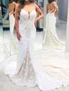 Trumpet/Mermaid V-neck Lace Stretch Crepe Court Train Wedding Dresses With Appliques Lace #Milly00023553