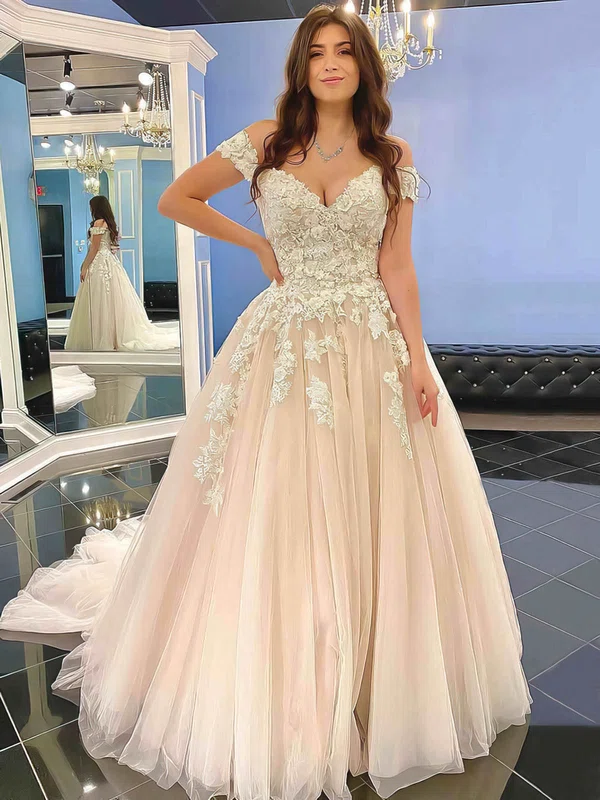 Ball Gown Off-the-shoulder Tulle Sweep Train Wedding Dresses With Appliques Lace #Milly00023555
