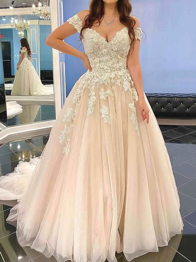 Ball Gown/Princess Off-the-shoulder Tulle Sweep Train Wedding Dresses With Appliques Lace #Milly00023555