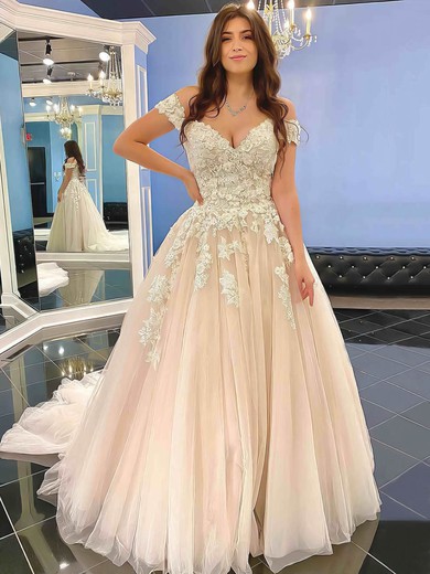 Ball Gown Off-the-shoulder Tulle Sweep Train Appliques Lace Wedding Dresses #Milly00023555