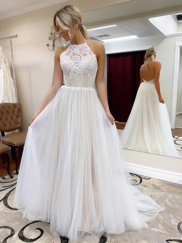 A-line Halter Tulle Sweep Train Lace Wedding Dresses #Milly00023556
