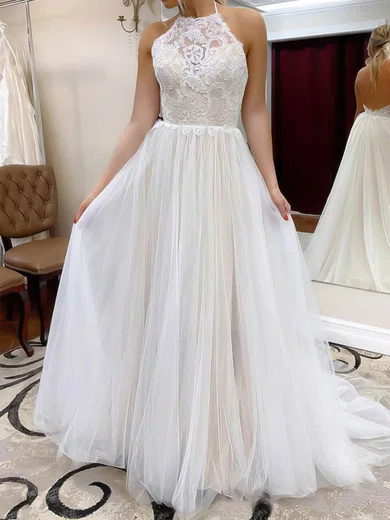 A-line Halter Tulle Sweep Train Wedding Dresses With Lace #Milly00023556