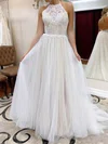 A-line Halter Tulle Sweep Train Wedding Dresses With Lace #Milly00023556