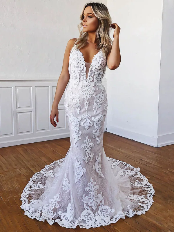 Trumpet/Mermaid V-neck Lace Sweep Train Appliques Lace Wedding Dresses #Milly00023557