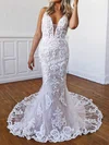 Trumpet/Mermaid V-neck Lace Sweep Train Wedding Dresses With Appliques Lace #Milly00023557