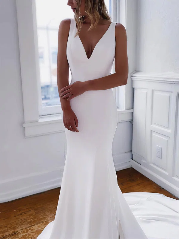 Trumpet/Mermaid V-neck Stretch Crepe Sweep Train Wedding Dresses With Buttons #Milly00023558