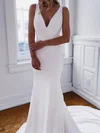 Trumpet/Mermaid V-neck Stretch Crepe Sweep Train Wedding Dresses With Buttons #Milly00023558