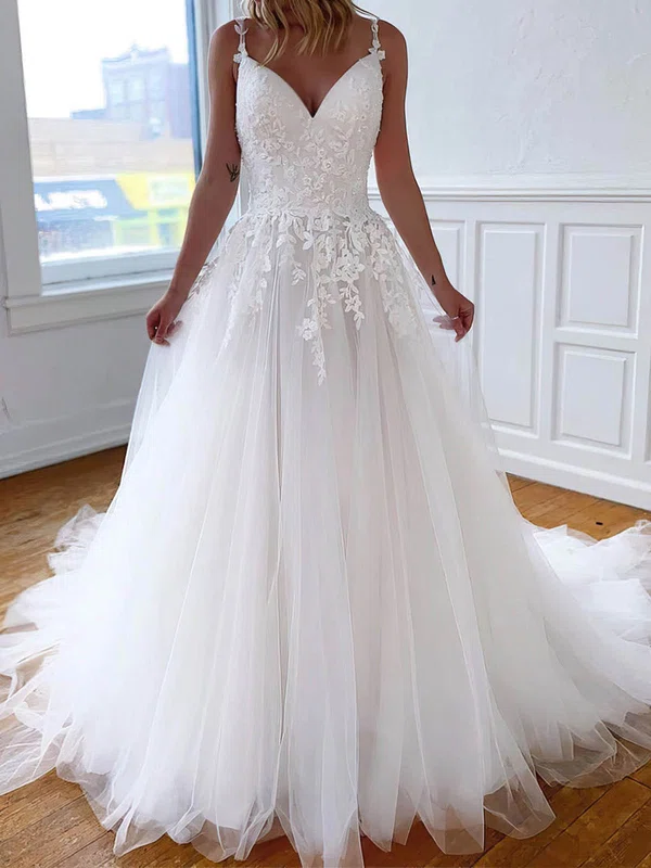 Ball Gown V-neck Tulle Sweep Train Wedding Dresses With Appliques Lace #Milly00023560