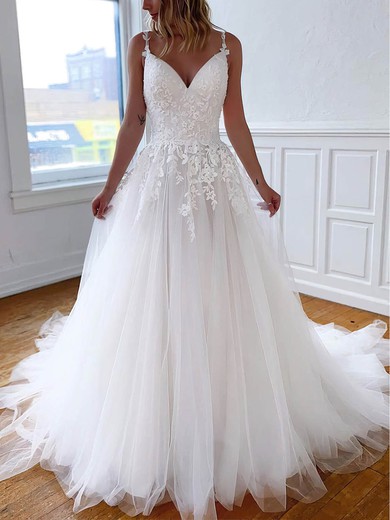 Ball Gown V-neck Tulle Sweep Train Wedding Dresses With Appliques Lace #Milly00023560