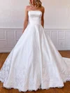 Ball Gown Strapless Satin Chapel Train Appliques Lace Wedding Dresses #Milly00023561