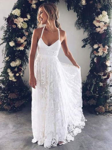 A-line V-neck Lace Sweep Train Wedding Dresses #Milly00023410