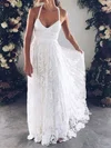 A-line V-neck Lace Sweep Train Wedding Dresses #Milly00023410