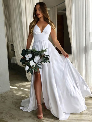 A-line V-neck Silk-like Satin Sweep Train Wedding Dresses With Split Front #Milly00023482
