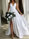 A-line V-neck Silk-like Satin Sweep Train Wedding Dresses With Split Front #Milly00023482