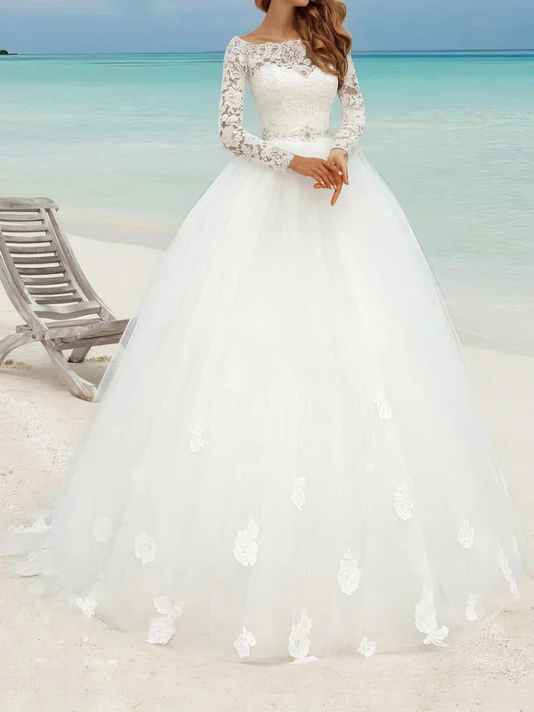 Ball Gown/Princess Illusion Tulle Floor-length Wedding Dresses With Flower(s) #Milly00023483