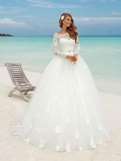 Ball Gown Illusion Tulle Floor-length Wedding Dresses With Flower(s) #Milly00023483