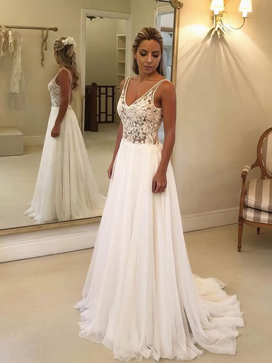 A-line V-neck Chiffon Tulle Sweep Train Appliques Lace Wedding Dresses #Milly00023484