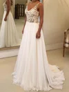 A-line V-neck Chiffon Sweep Train Wedding Dresses With Appliques Lace #Milly00023484