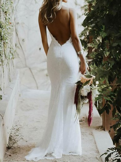 Trumpet/Mermaid V-neck Lace Sweep Train Wedding Dresses #Milly00023487