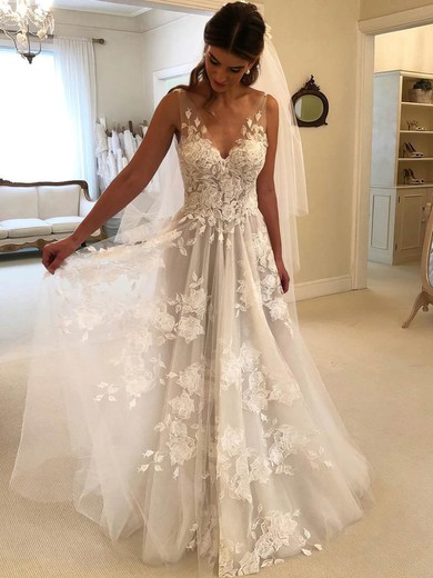 Ball Gown V-neck Tulle Sweep Train Wedding Dresses With Appliques Lace #Milly00023493