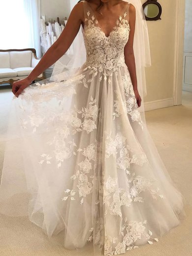 Ball Gown/Princess V-neck Tulle Sweep Train Wedding Dresses With Appliques Lace #Milly00023493