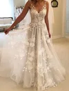 Ball Gown V-neck Tulle Sweep Train Wedding Dresses With Appliques Lace #Milly00023493