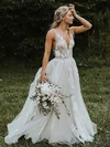 Princess V-neck Tulle Sweep Train Appliques Lace Wedding Dresses #Milly00023494