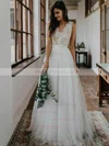 A-line V-neck Lace Tulle Floor-length Buttons Wedding Dresses #Milly00023497