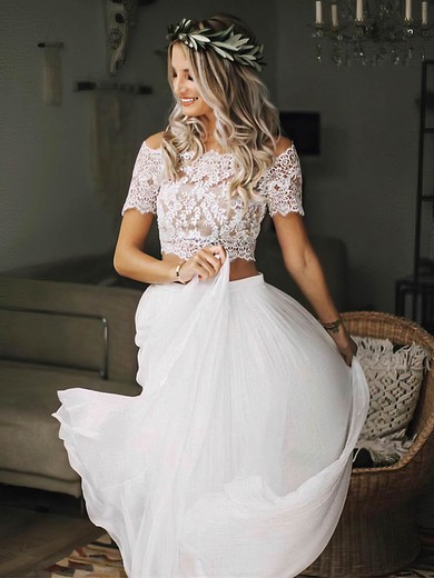 A-line Off-the-shoulder Lace Chiffon Floor-length Wedding Dresses #Milly00023499