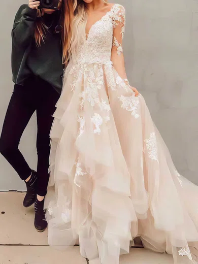 Ball Gown/Princess V-neck Tulle Sweep Train Wedding Dresses With Tiered #Milly00023501