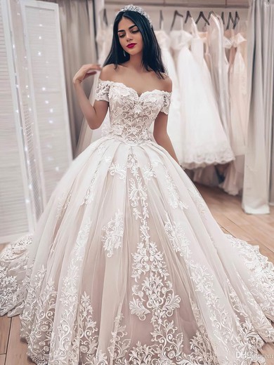Ball Gown Off-the-shoulder Tulle Court Train Wedding Dresses With Appliques Lace #Milly00023504