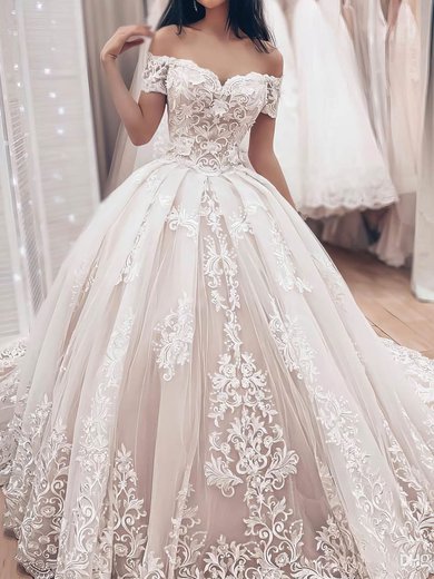 Ball Gown Off-the-shoulder Tulle Court Train Wedding Dresses With Appliques Lace #Milly00023504