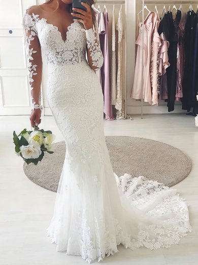 Trumpet/Mermaid Scoop Neck Tulle Lace Sweep Train Appliques Lace Wedding Dresses #Milly00023506