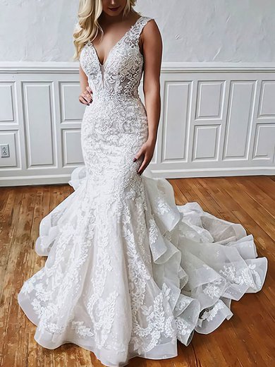 Trumpet/Mermaid V-neck Organza Tulle Sweep Train Appliques Lace Wedding Dresses #Milly00023508