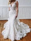 Trumpet/Mermaid V-neck Organza Sweep Train Wedding Dresses With Tiered #Milly00023508