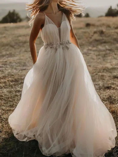 Ball Gown/Princess V-neck Tulle Floor-length Wedding Dresses With Sashes / Ribbons #Milly00023509