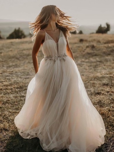 Princess V-neck Tulle Floor-length Sashes / Ribbons Wedding Dresses #Milly00023509