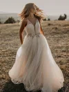 Ball Gown V-neck Tulle Floor-length Wedding Dresses With Sashes / Ribbons #Milly00023509
