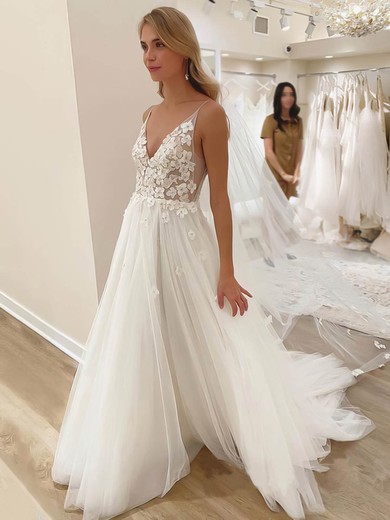Ball Gown V-neck Tulle Sweep Train Wedding Dresses With Appliques Lace #Milly00023510