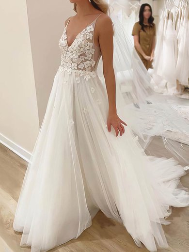 Ball Gown/Princess V-neck Tulle Sweep Train Wedding Dresses With Appliques Lace #Milly00023510