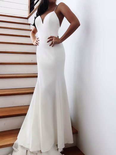 Trumpet/Mermaid V-neck Stretch Crepe Sweep Train Wedding Dresses With Buttons #Milly00023511