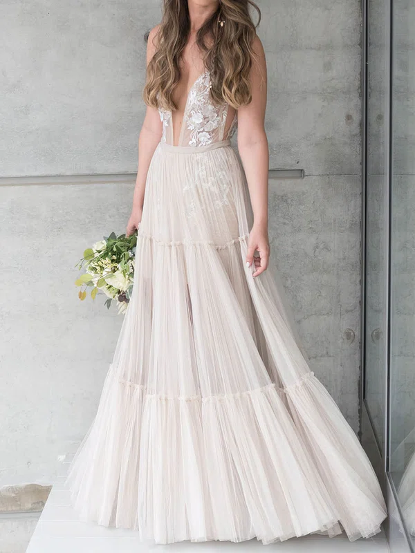 A-line V-neck Tulle Floor-length Wedding Dresses With Appliques Lace #Milly00023512