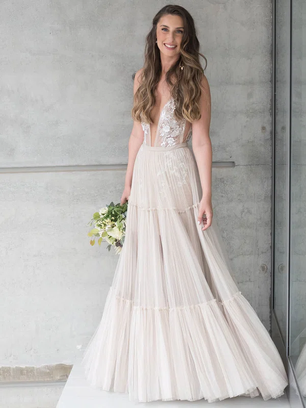 A-line V-neck Tulle Floor-length Appliques Lace Wedding Dresses #Milly00023512