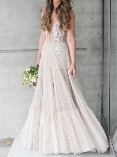 A-line V-neck Tulle Floor-length Wedding Dresses With Appliques Lace #Milly00023512