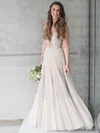 A-line V-neck Tulle Floor-length Wedding Dresses With Appliques Lace #Milly00023512