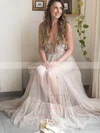 A-line V-neck Tulle Floor-length Appliques Lace Wedding Dresses #Milly00023512