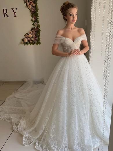 Ball Gown Off-the-shoulder Tulle Sweep Train Ruffles Wedding Dresses #Milly00023513