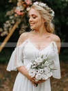 A-line V-neck Lace Chiffon Sweep Train Appliques Lace Wedding Dresses #Milly00023514