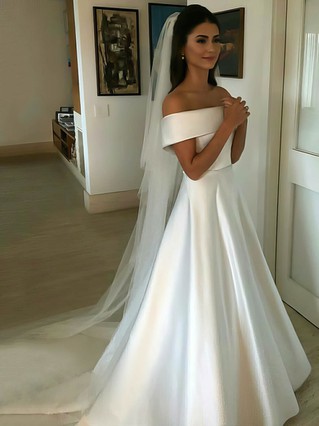 Ball Gown Off-the-shoulder Satin Court Train Wedding Dresses With